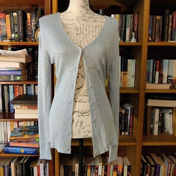 𝅺nicole Miller sparkly silver v neck cardigan size large nwt - Picture 1 of 4